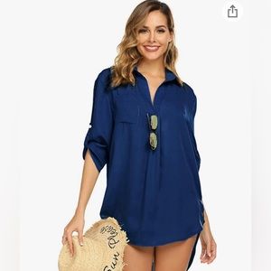 NWOT Size SMALL Lightweight Swimsuit Cover/Blouse/Sleepshirt Navy Blue